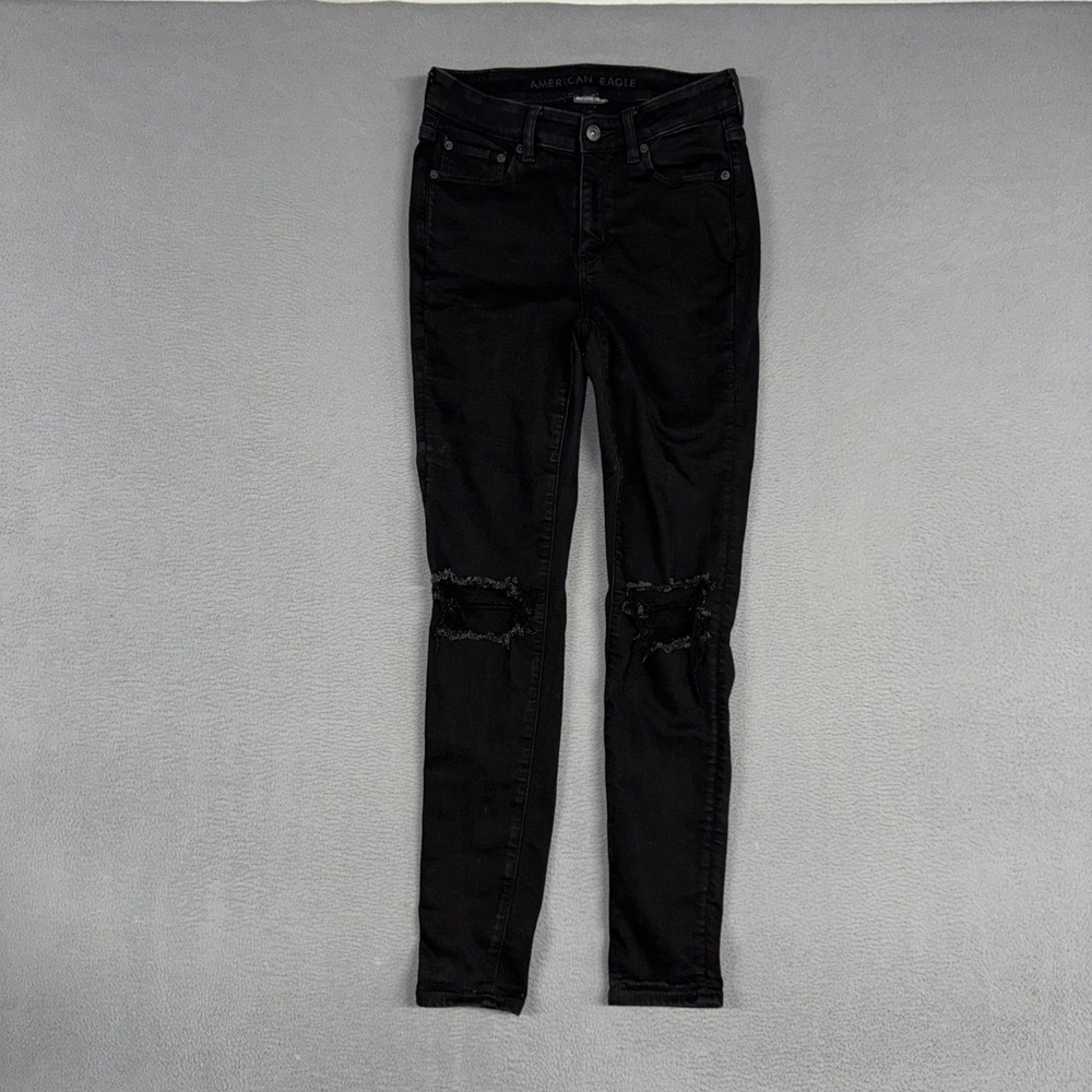 American Eagle Jeans Womens 4 Black Distressed Hi-Rise Jegging Stretch Denim